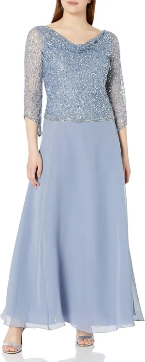 J Kara Women's Petite Cowl Neck 3/4 Sleeves Beaded Dress