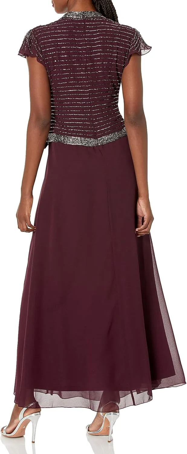 J Kara Women's Petite Faux Wrap Long Dress W/Flutter Sleeve