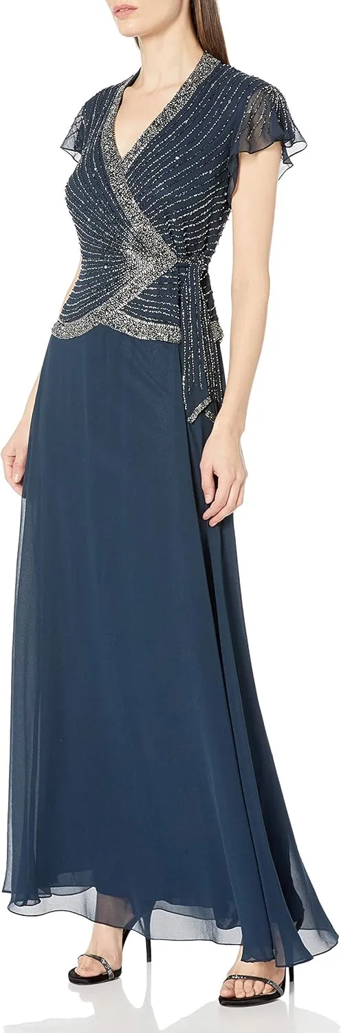 J Kara Women's Petite Faux Wrap Long Dress W/Flutter Sleeve