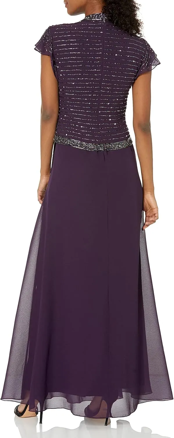 J Kara Women's Petite Faux Wrap Long Dress W/Flutter Sleeve