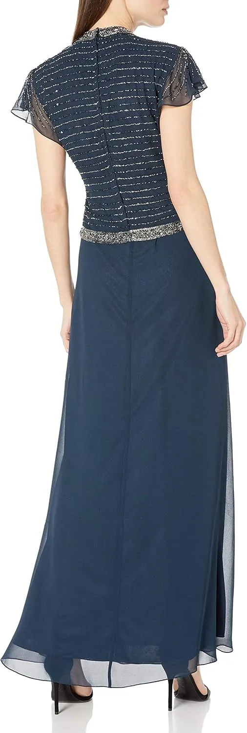 J Kara Women's Petite Faux Wrap Long Dress W/Flutter Sleeve