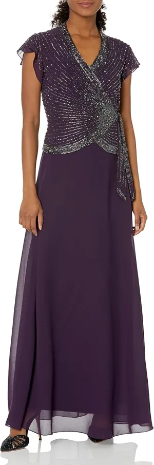 J Kara Women's Petite Faux Wrap Long Dress W/Flutter Sleeve