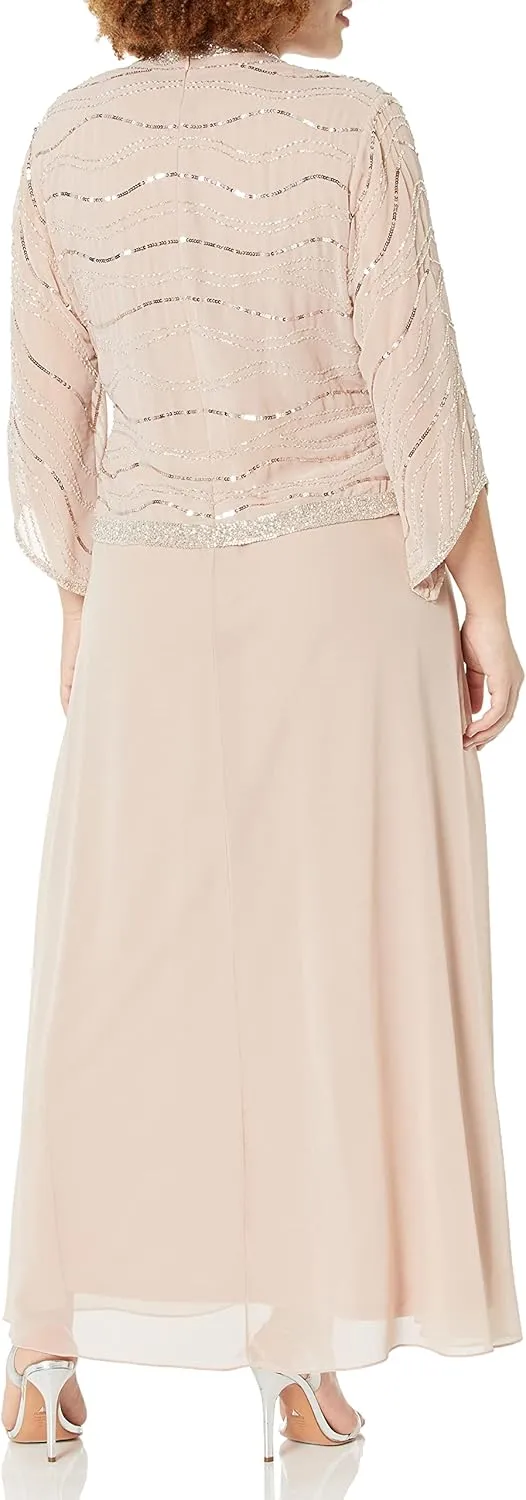 J Kara Women's Petite Long 3/4 Sleeve V-Neck Beaded Faux Wrap Dress