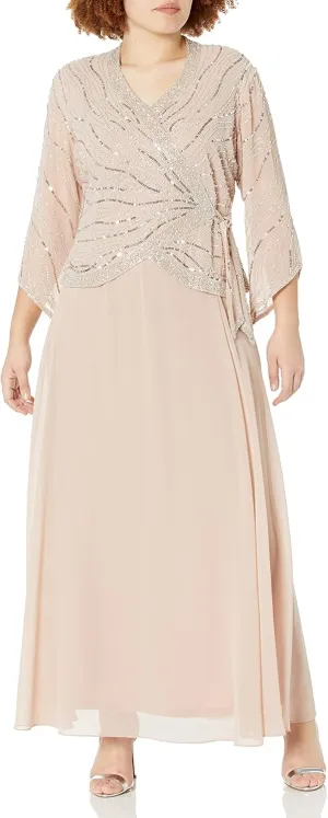 J Kara Women's Petite Long 3/4 Sleeve V-Neck Beaded Faux Wrap Dress