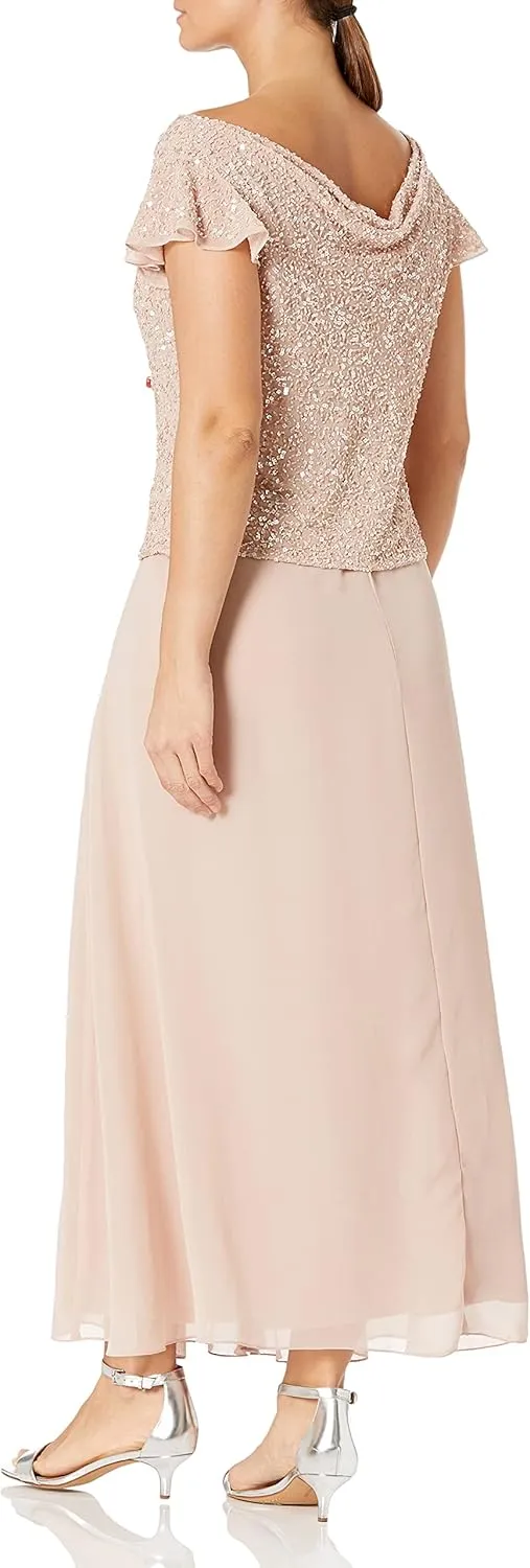 J Kara Women's Petite Long Beaded Cowl Neck Flutter Sleeve Gown Dress