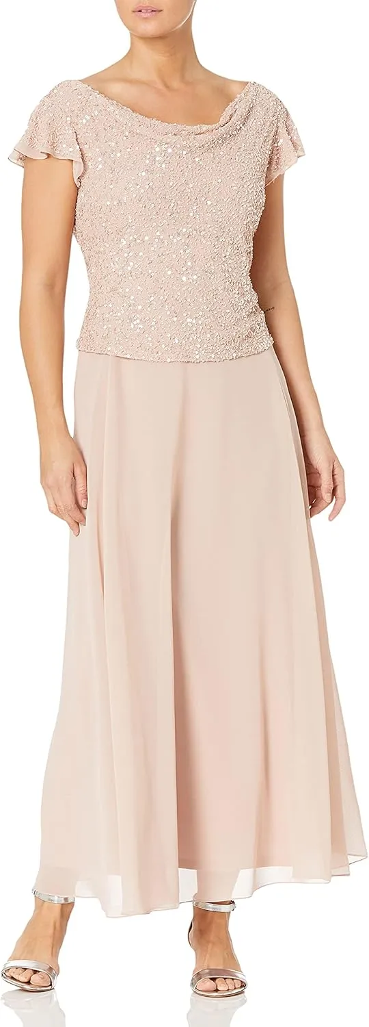 J Kara Women's Petite Long Beaded Cowl Neck Flutter Sleeve Gown Dress