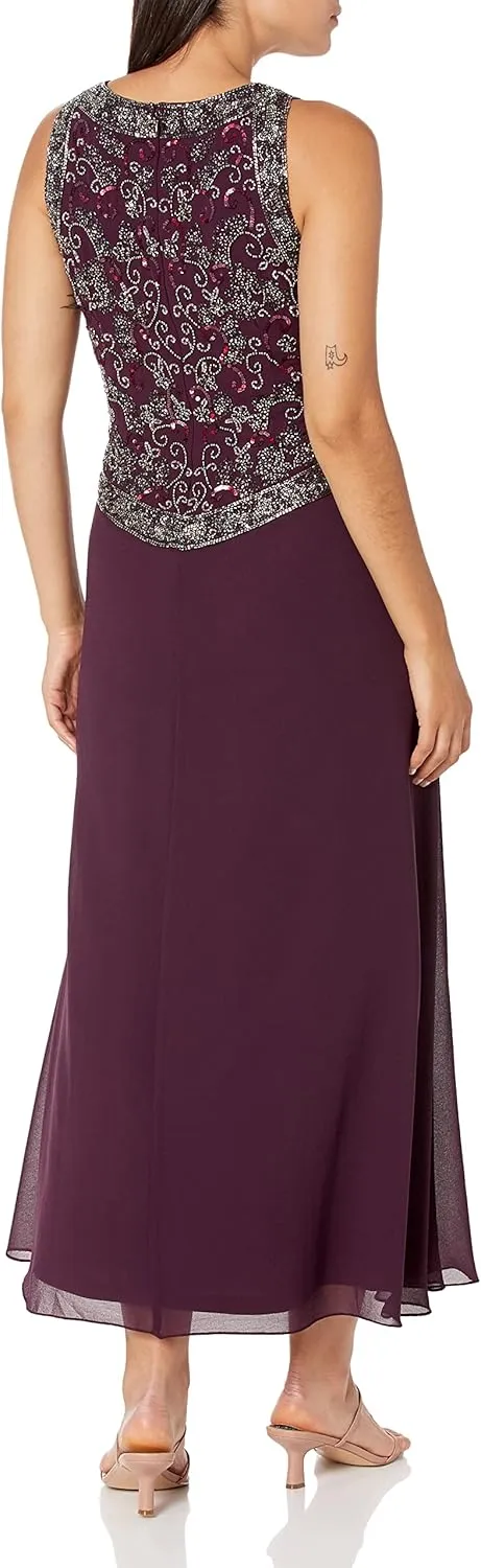 J Kara Women's Petite Long Beaded V Trim Detail Gown with Scarf