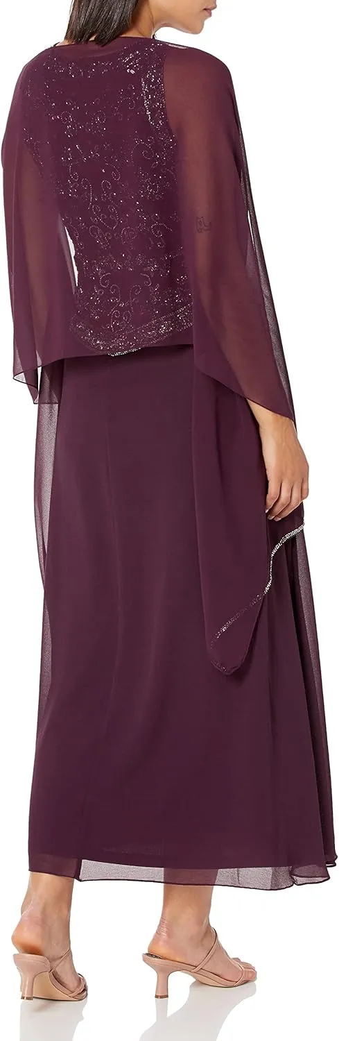 J Kara Women's Petite Long Beaded V Trim Detail Gown with Scarf