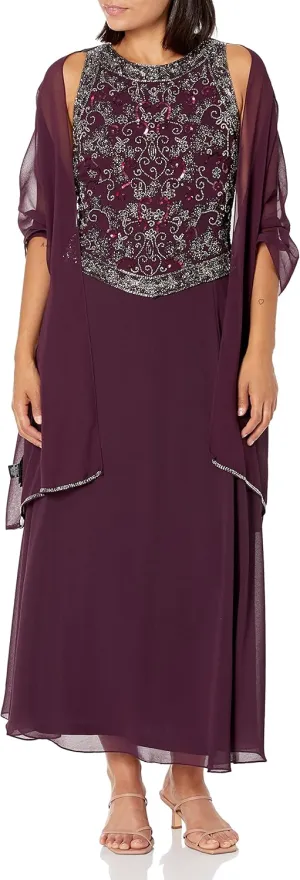 J Kara Women's Petite Long Beaded V Trim Detail Gown with Scarf