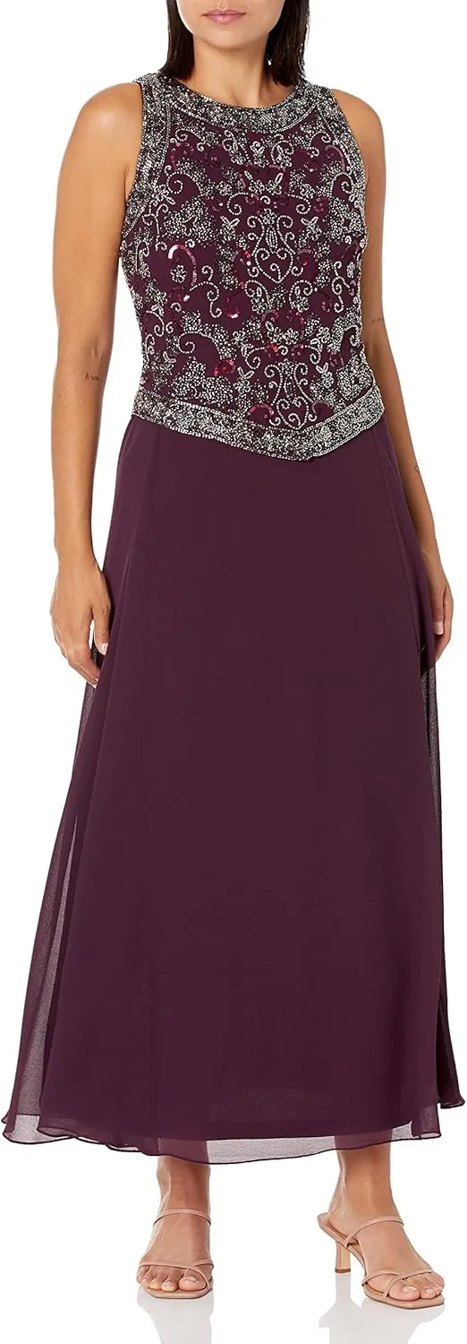 J Kara Women's Petite Long Beaded V Trim Detail Gown with Scarf