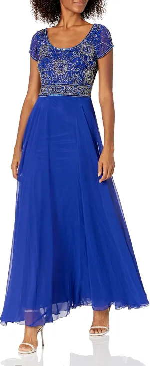 J Kara Women's Petite Long Empire Waist Dress, Royal/Royal/Mercury, 14P