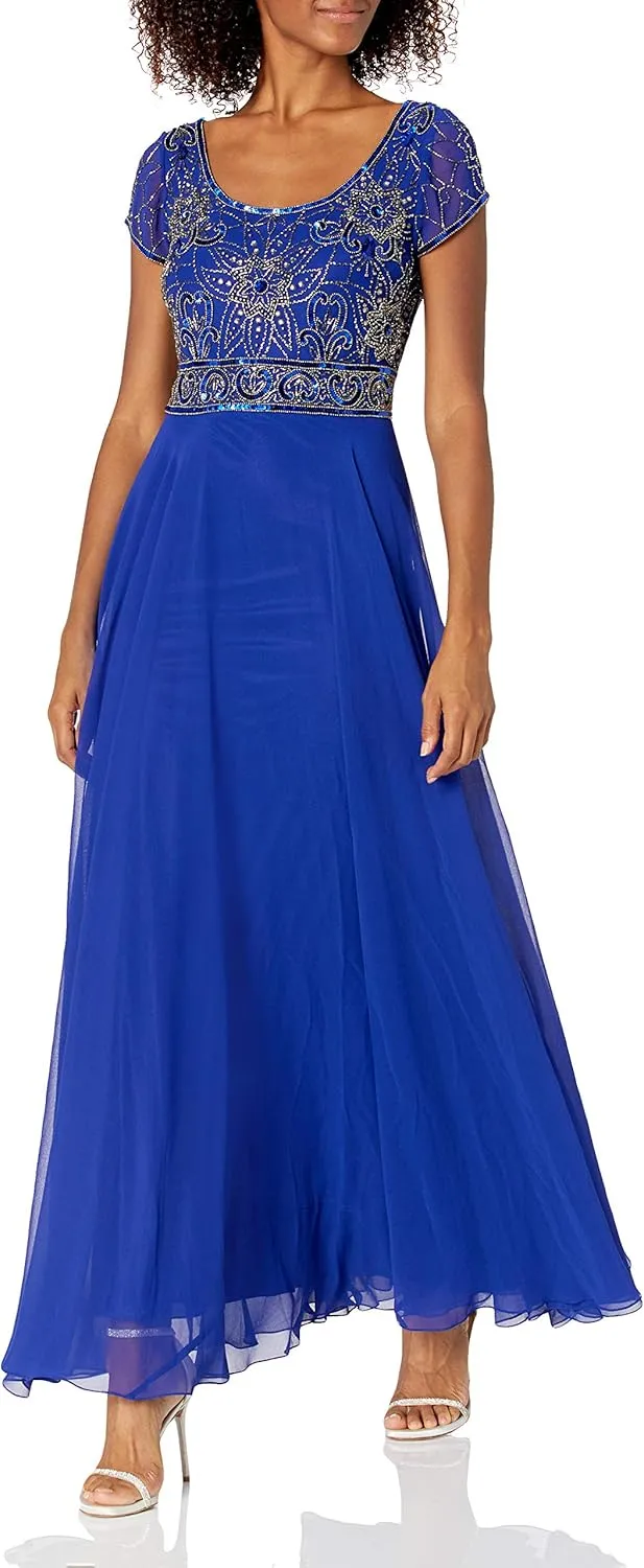 J Kara Women's Petite Long Empire Waist Dress, Royal/Royal/Mercury, 14P