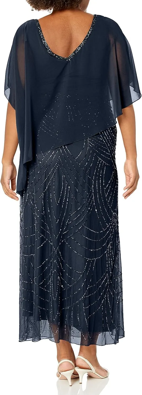 J Kara Women's Petite Pop Over Dress with Beaded Bottom
