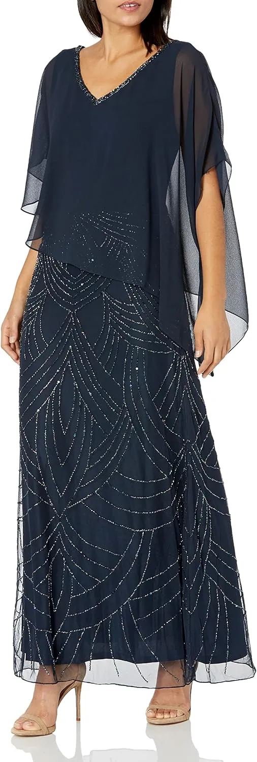 J Kara Women's Petite Pop Over Dress with Beaded Bottom