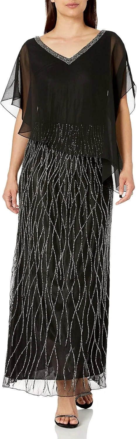J Kara Women's Petite Scoop Neck 3/4 Sleeve Beaded Dress