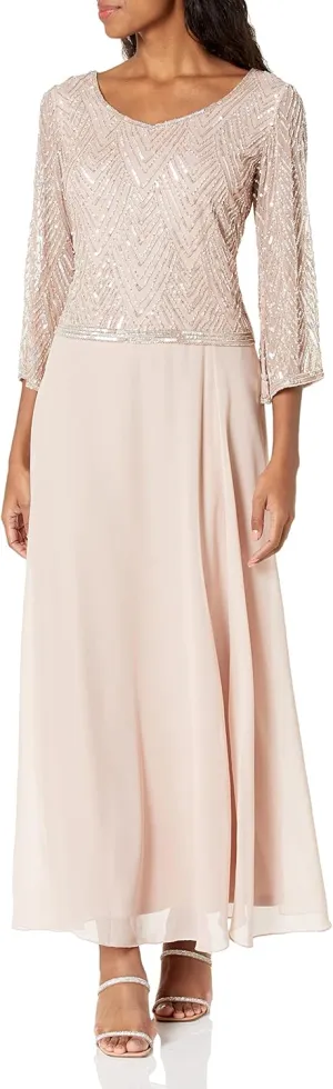 J Kara Women's Petite Scoop Neck 3/4 Sleeve Beaded Dress