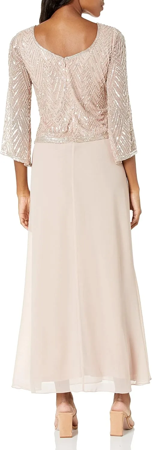 J Kara Women's Petite Scoop Neck 3/4 Sleeve Beaded Dress