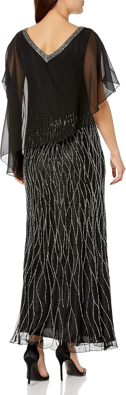 J Kara Women's Petite Scoop Neck 3/4 Sleeve Beaded Dress