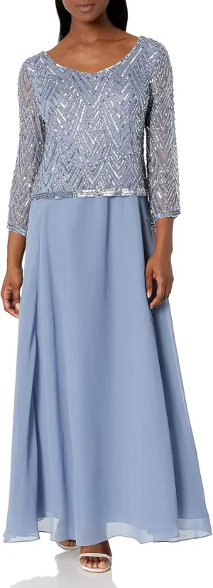 J Kara Women's Petite Scoop Neck 3/4 Sleeve Beaded Dress