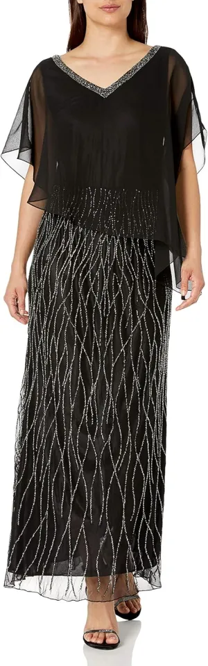 J Kara Women's Petite Scoop Neck 3/4 Sleeve Beaded Dress