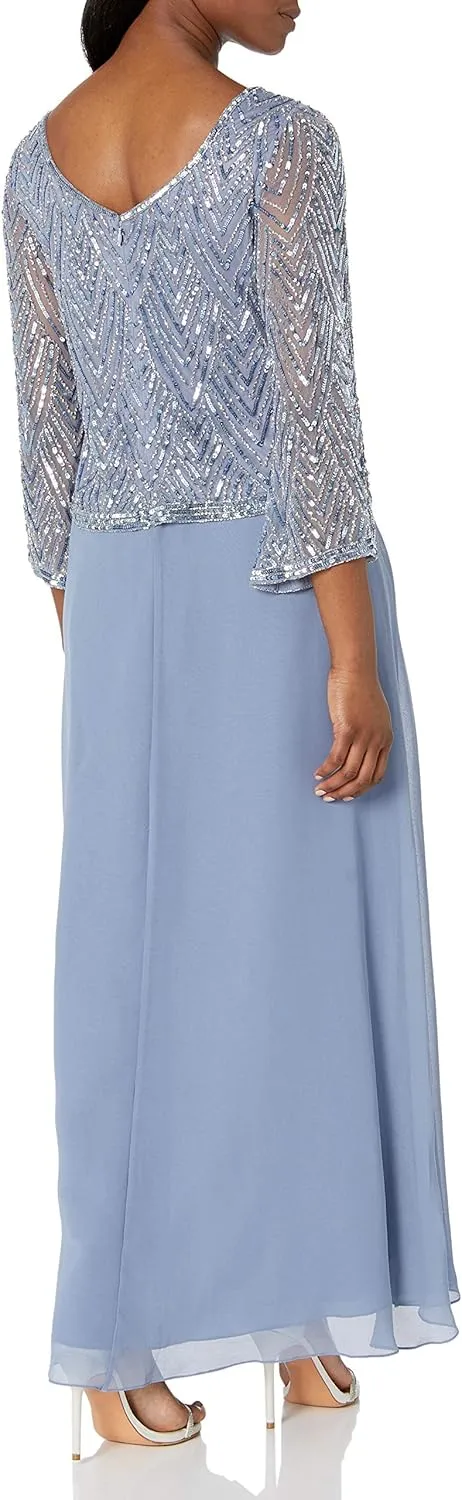 J Kara Women's Petite Scoop Neck 3/4 Sleeve Beaded Dress