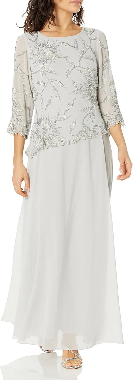 J Kara Women's Petite Scoop Neck Line with 3/4 Sleeve Beaded Top Long Dress
