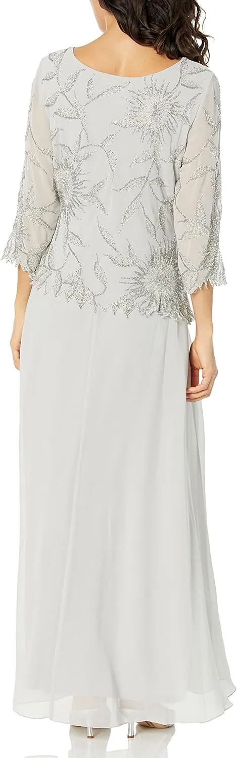 J Kara Women's Petite Scoop Neck Line with 3/4 Sleeve Beaded Top Long Dress