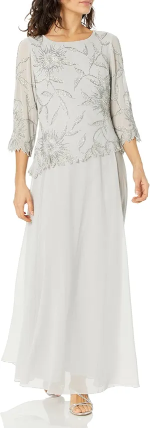 J Kara Women's Petite Scoop Neck Line with 3/4 Sleeve Beaded Top Long Dress