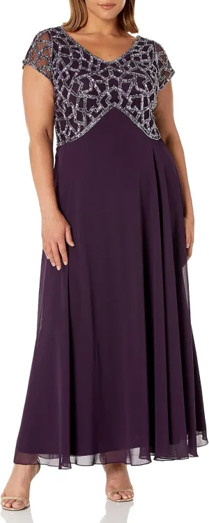 J Kara Women's Petite Short Sleeve Geo Long Beaded Gown