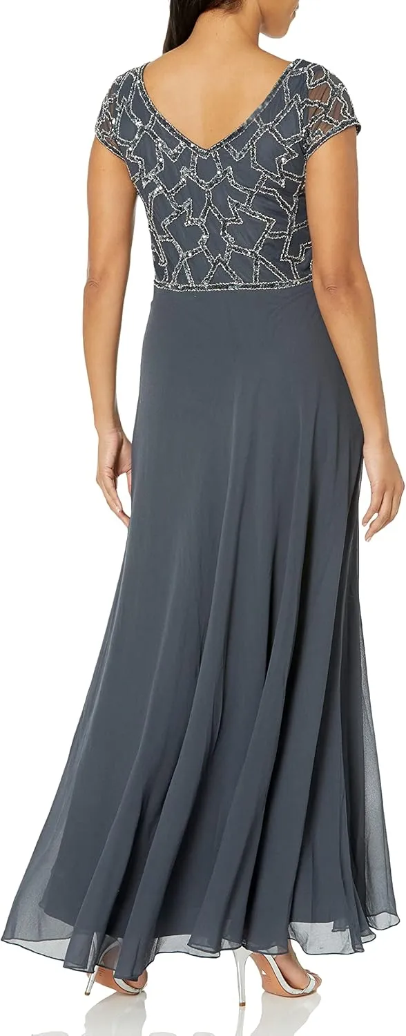 J Kara Women's Petite Short Sleeve Geo Long Beaded Gown