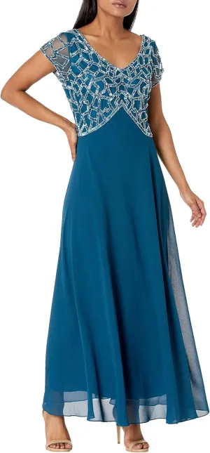 J Kara Women's Petite Short Sleeve Geo Long Beaded Gown