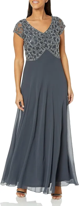 J Kara Women's Petite Short Sleeve Geo Long Beaded Gown