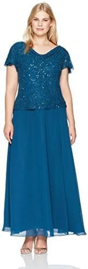 J Kara Women's Petite Short Sleeve Long All Over Beaded Dress