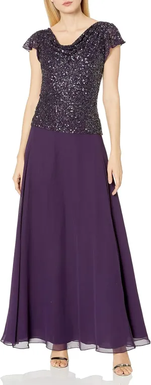 J Kara Women's Petite Short Sleeve Long All Over Beaded Dress