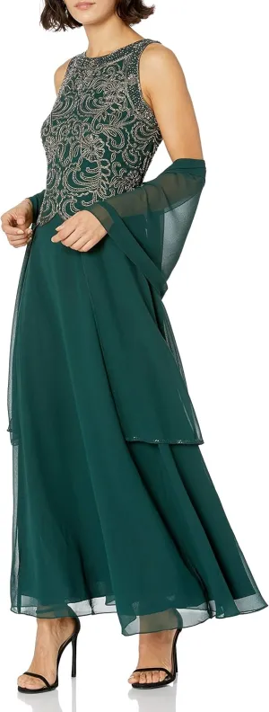 J Kara Women's Petite Sleeveless Scallop Long Beaded Dress W/Scarf