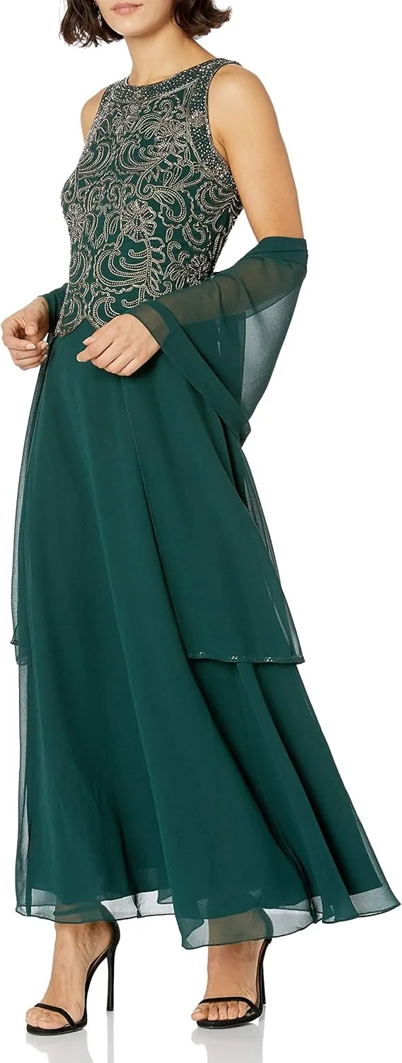 J Kara Women's Petite Sleeveless Scallop Long Beaded Dress W/Scarf