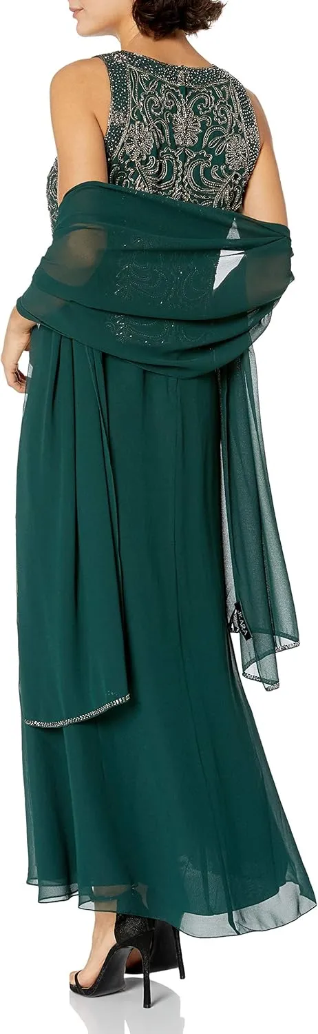 J Kara Women's Petite Sleeveless Scallop Long Beaded Dress W/Scarf