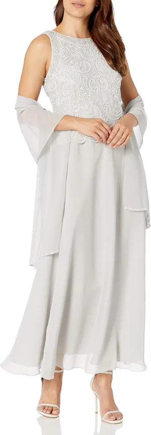 J Kara Women's Petite Sleeveless Scallop Long Beaded Dress W/Scarf