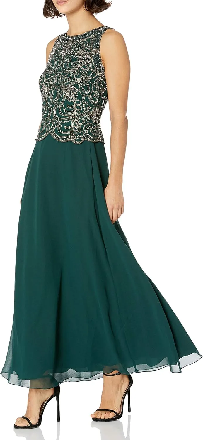 J Kara Women's Petite Sleeveless Scallop Long Beaded Dress W/Scarf
