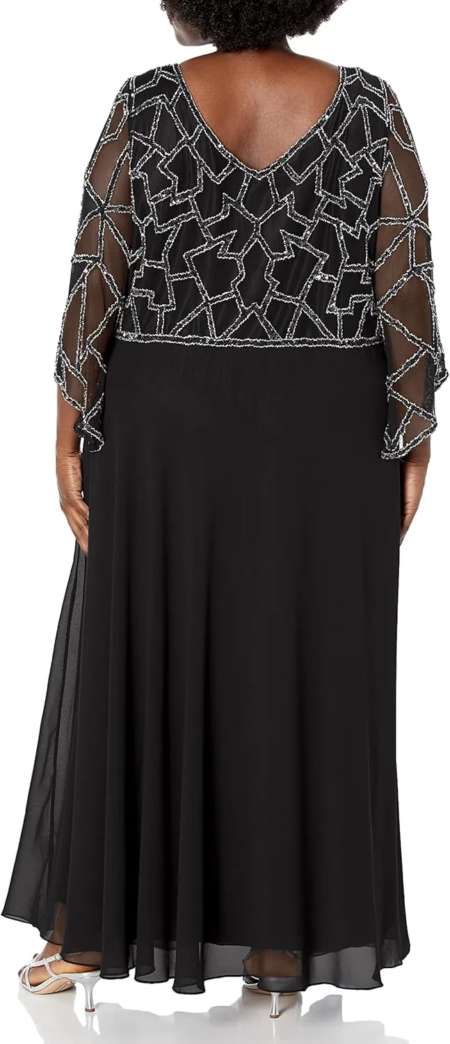 J Kara Women's Plus Size 3/4 Sleeve Geo Beaded Gown