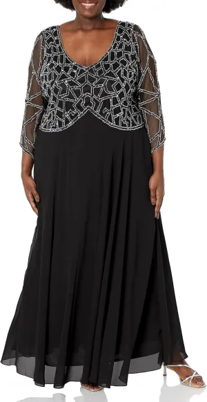 J Kara Women's Plus Size 3/4 Sleeve Geo Beaded Gown