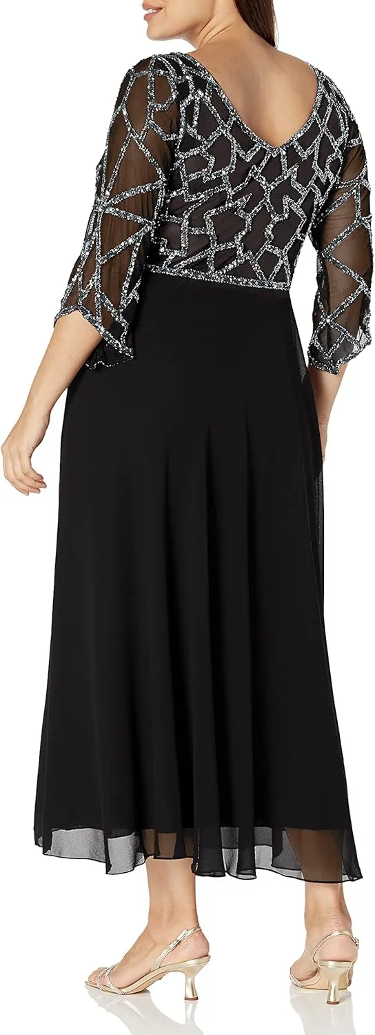 J Kara Women's Plus Size 3/4 Sleeve Geo Beaded Gown