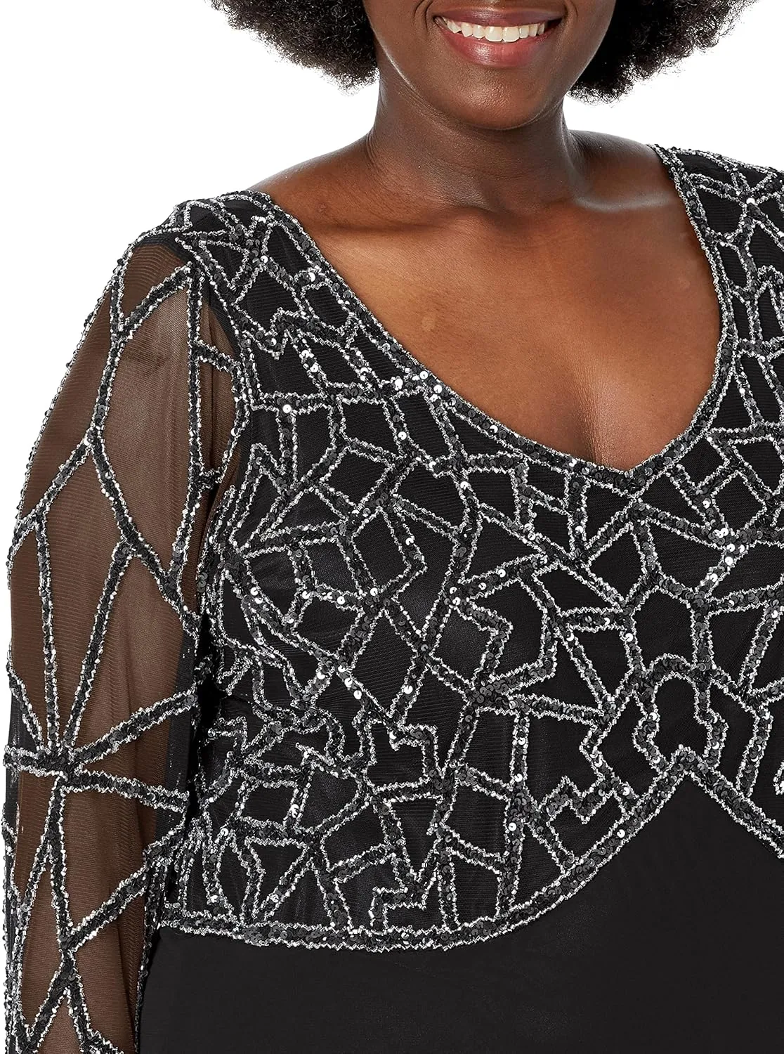J Kara Women's Plus Size 3/4 Sleeve Geo Beaded Gown