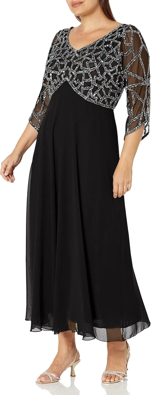 J Kara Women's Plus Size 3/4 Sleeve Geo Beaded Gown
