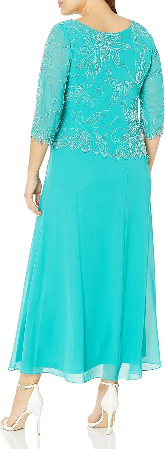 J Kara Women's Plus Size 3/4 Sleeve Long Beaded Floral Design Dress