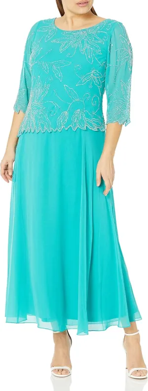 J Kara Women's Plus Size 3/4 Sleeve Long Beaded Floral Design Dress