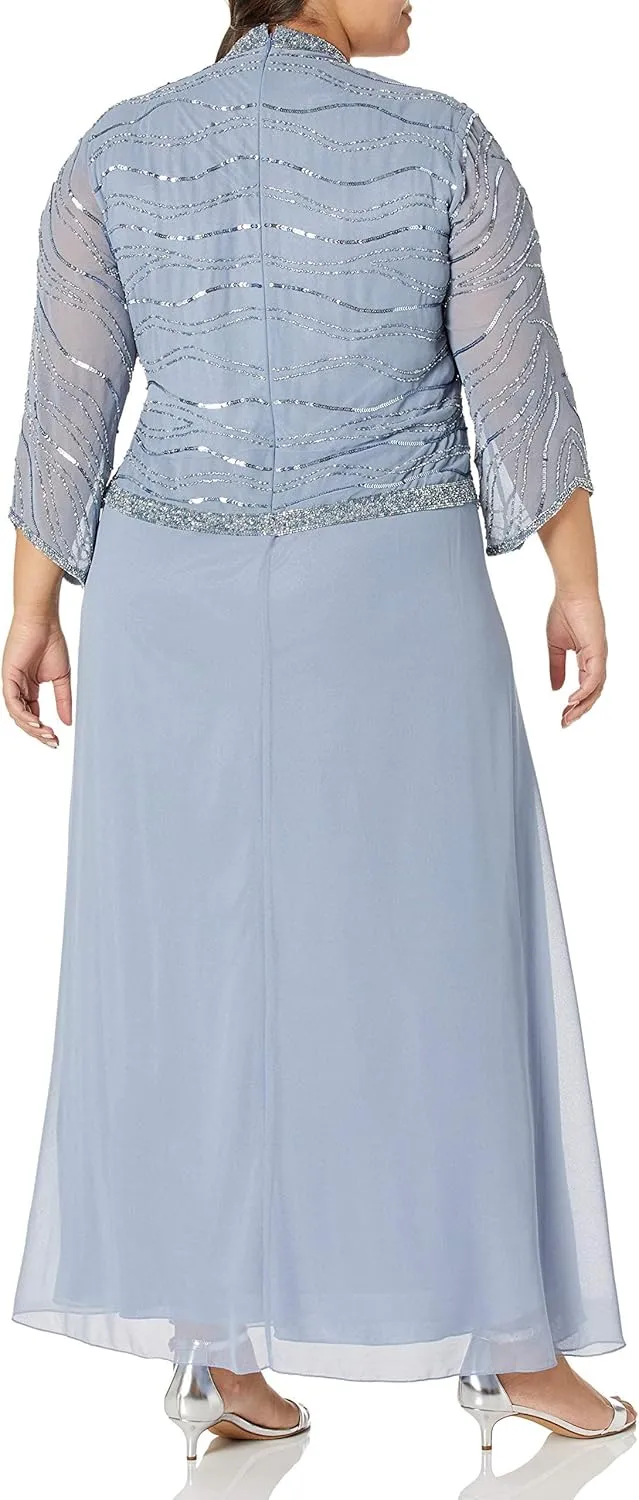 J Kara Women's Plus Size 3/4 Sleeve V-Neck Long Beaded Dress