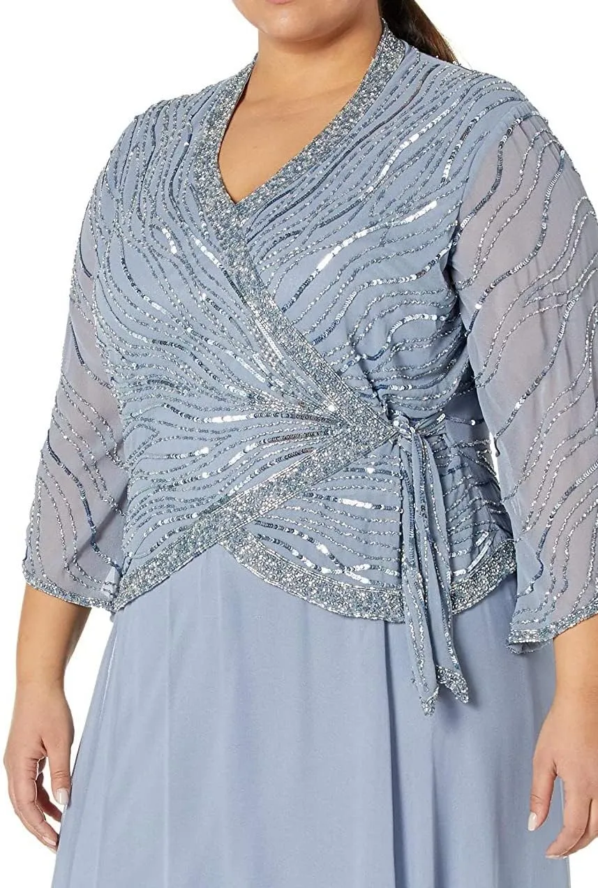 J Kara Women's Plus Size 3/4 Sleeve V-Neck Long Beaded Dress