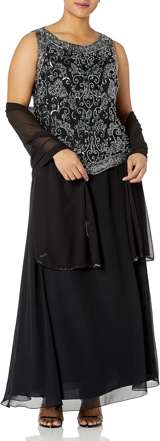 J Kara Women's Plus Size Beaded Gown with Scarf