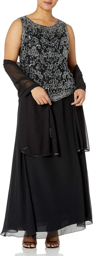 J Kara Women's Plus Size Beaded Gown with Scarf